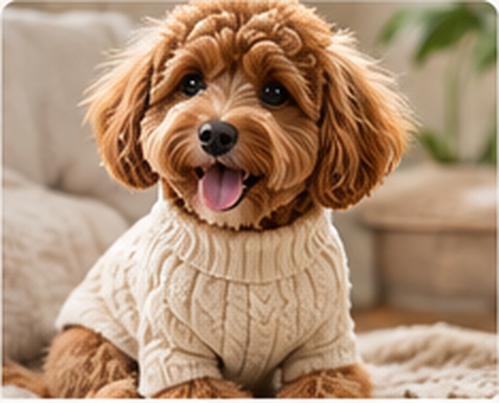 Dog wearing a cream knitted sweater