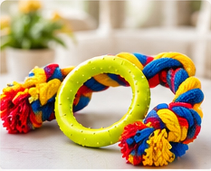 Colorful rope and rubber ring dog toy