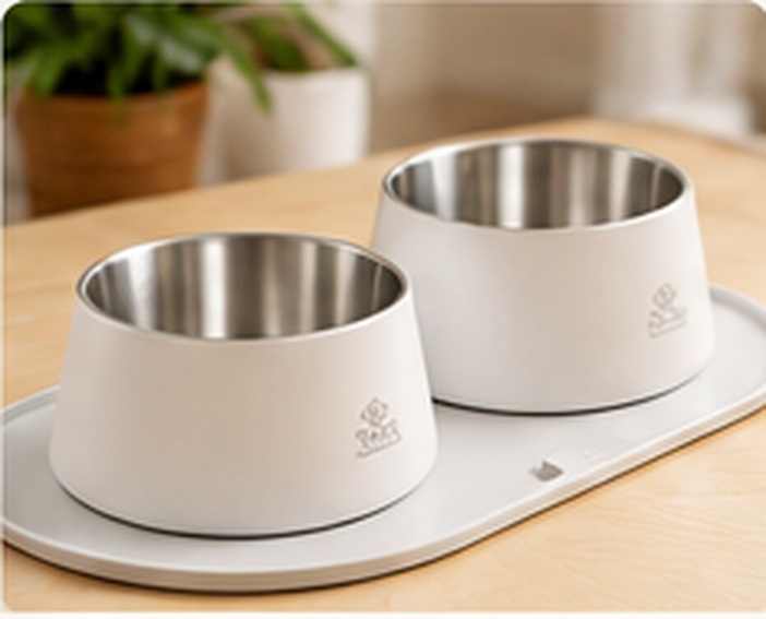 Two stainless steel pet bowls on matching mat